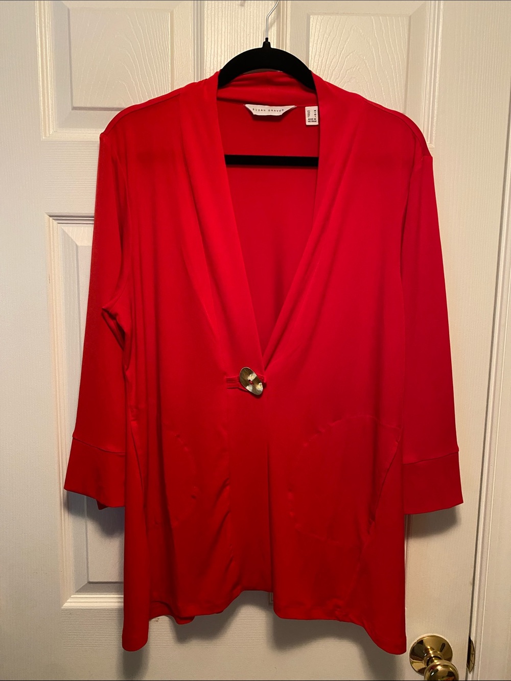 Susan Graver Vibrant Red Draped V-Neck Cardigan with Gold Accent Button…size M